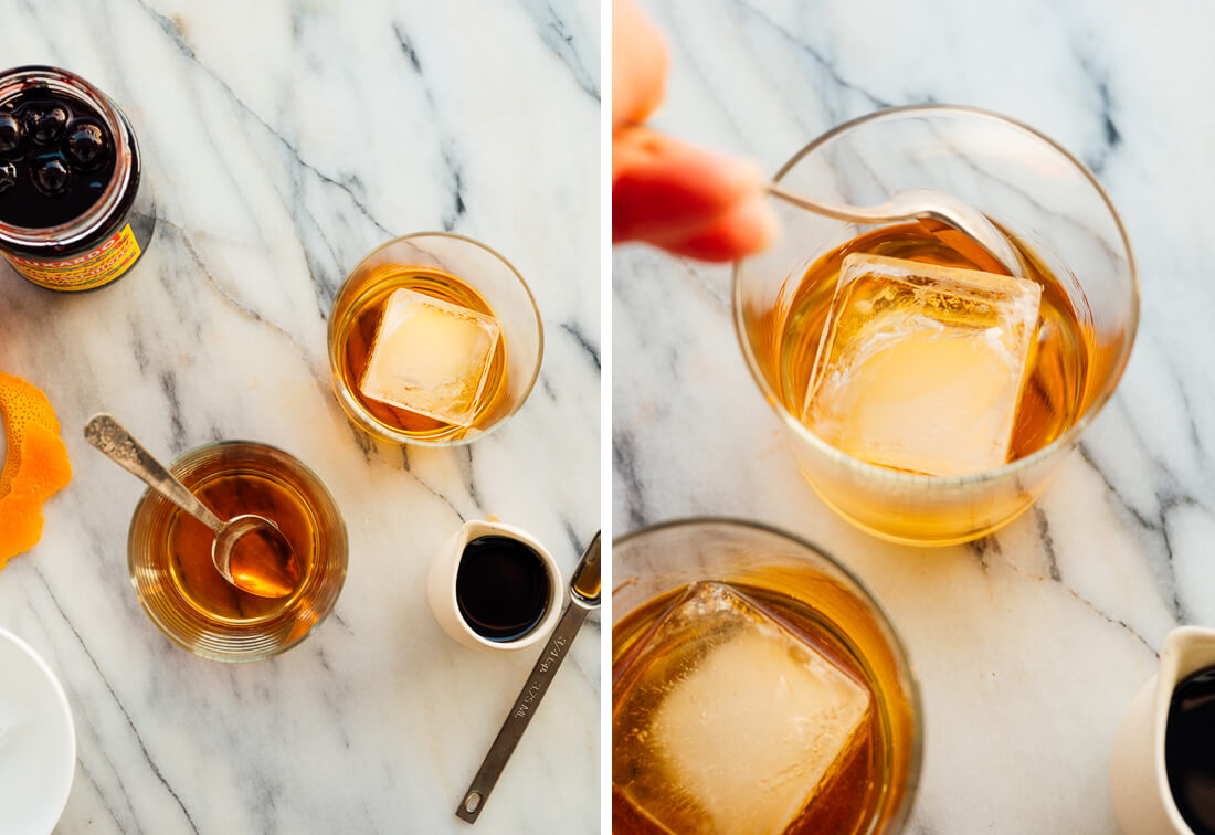 stirring an old fashioned cocktail